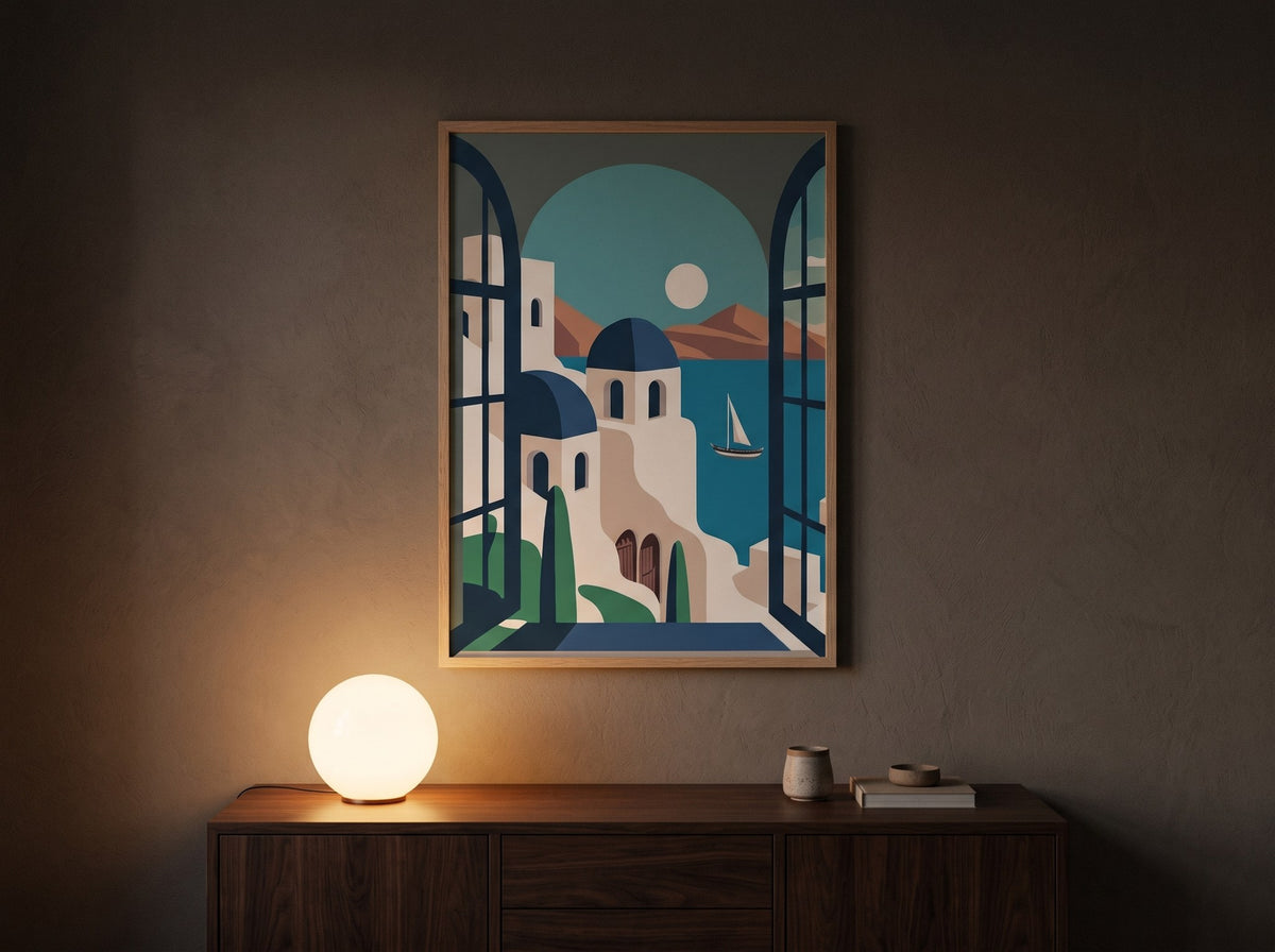 Santorini pencere manzarası posteri, akşam glob lamba ışığında ceviz konsolun üzerinde ahşap çerçeveli