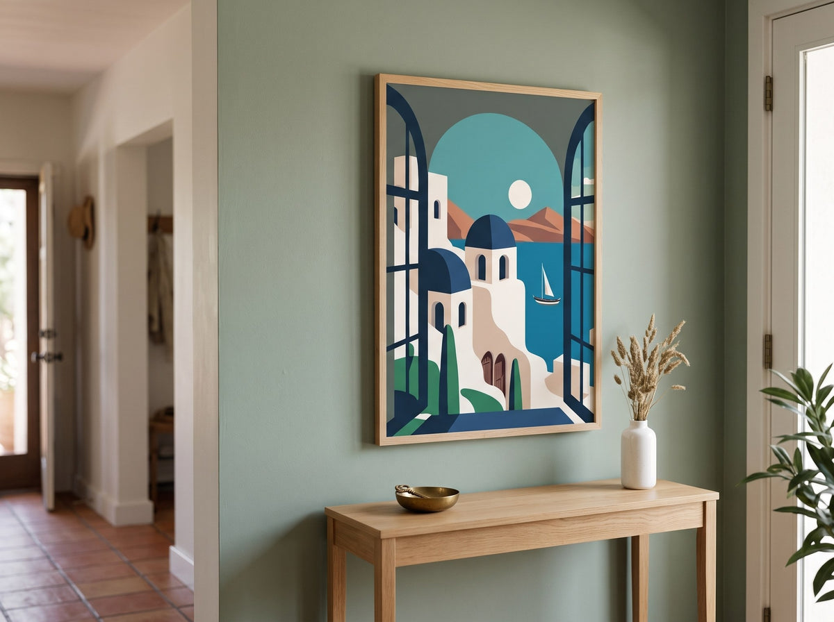 Ege manzaralı minimalist poster, antrede adaçayı yeşili duvarda doğal ahşap çerçeveli