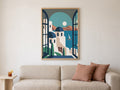 Minimalistisches Poster mit offenem Fenster und Santorini-Blick