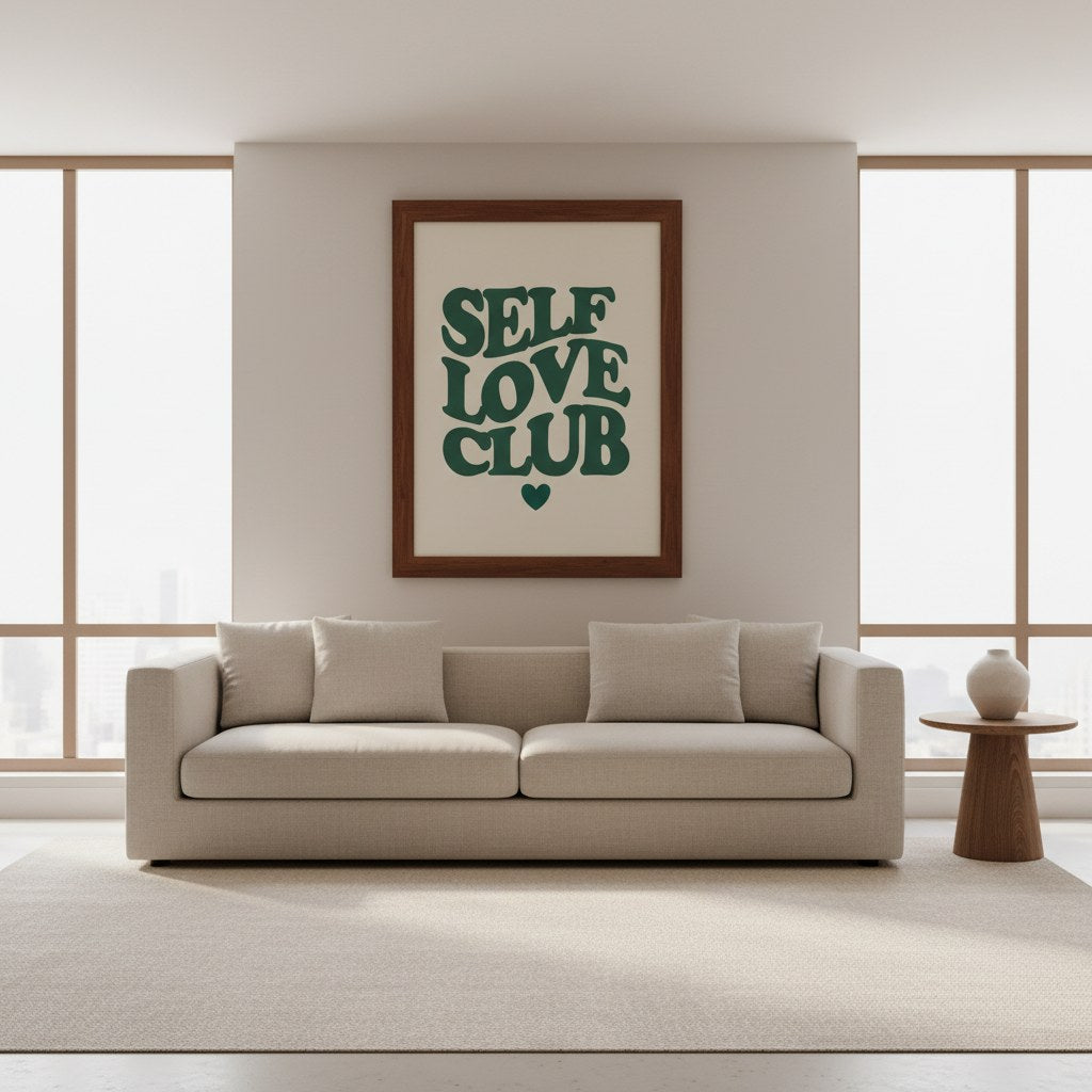 Self Love Club posteri, salon duvarında kanepenin üzerinde çerçeveli