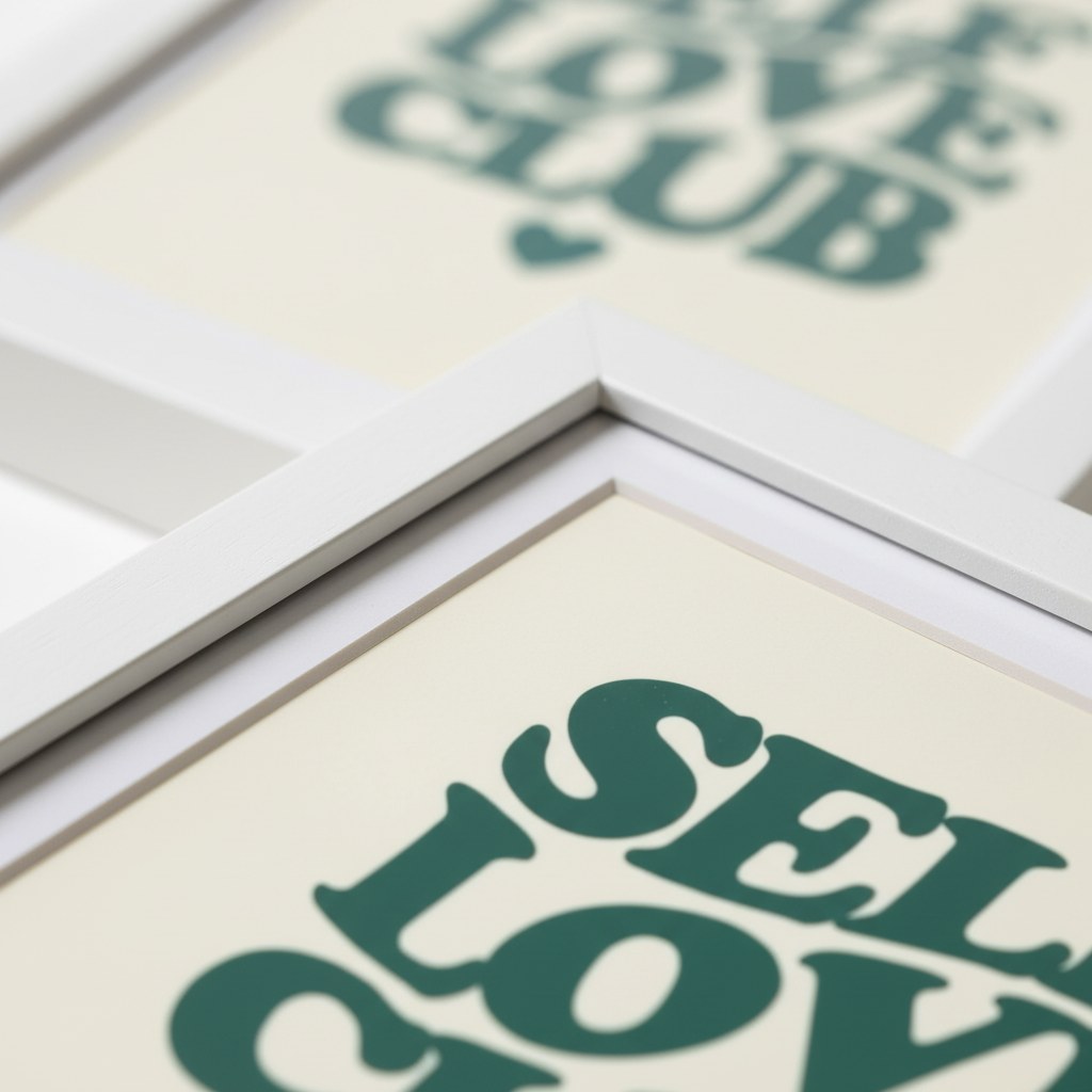 Self Love Club posteri, beyaz çerçeve köşesi ve mat kağıt baskı yakın çekim