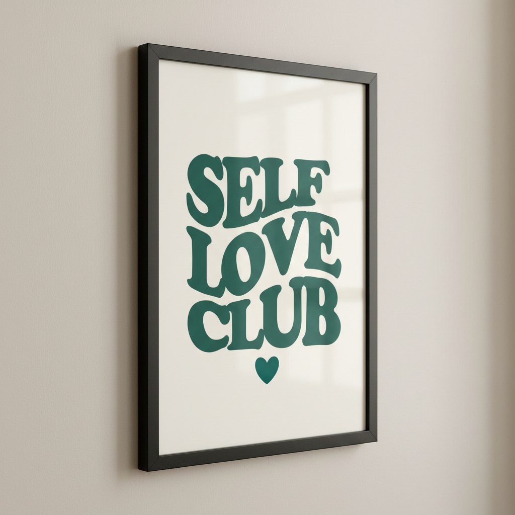Koyu yeşil harfli Self Love Club posteri, siyah çerçeveli duvarda yandan görünüm