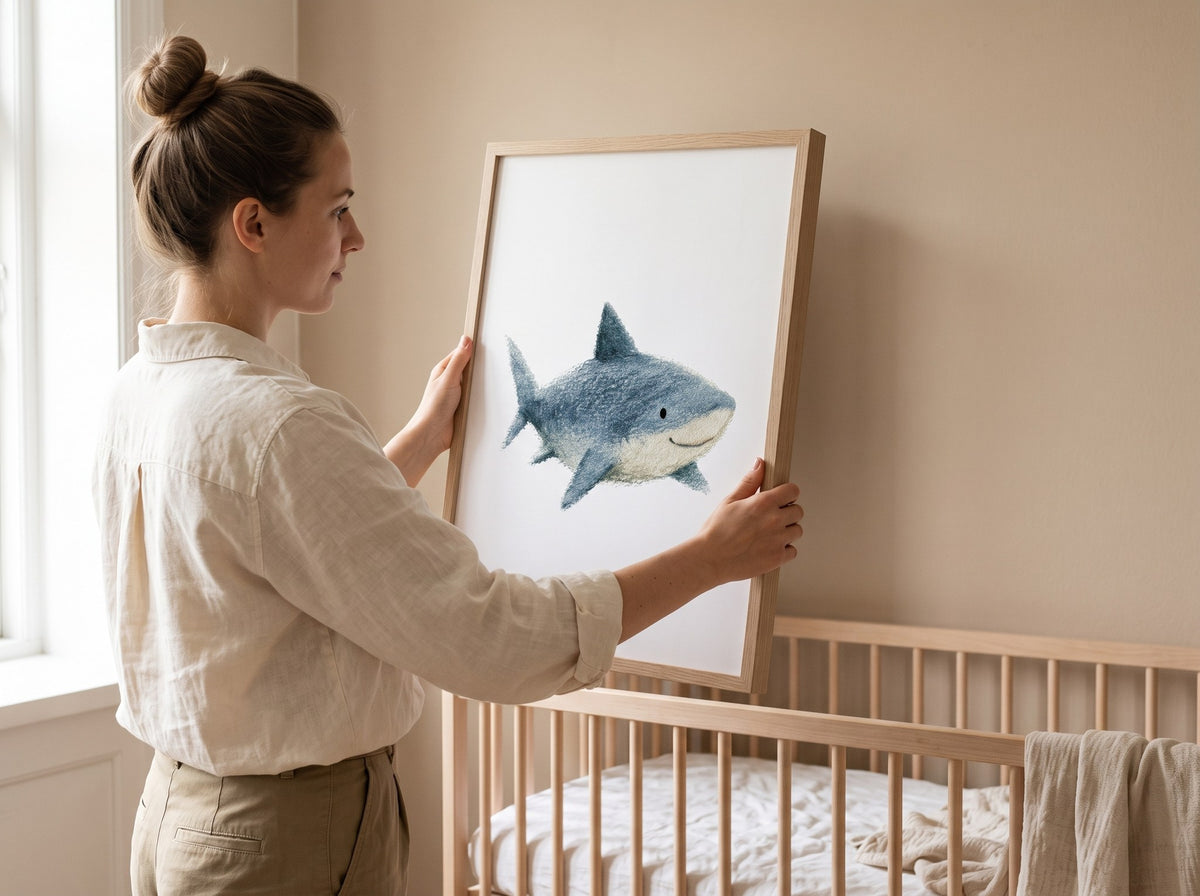 Bebek beşiğinin üzerine yerleştirilen sevimli köpekbalığı posteri, elde tutulan ahşap çerçevenin ölçeği