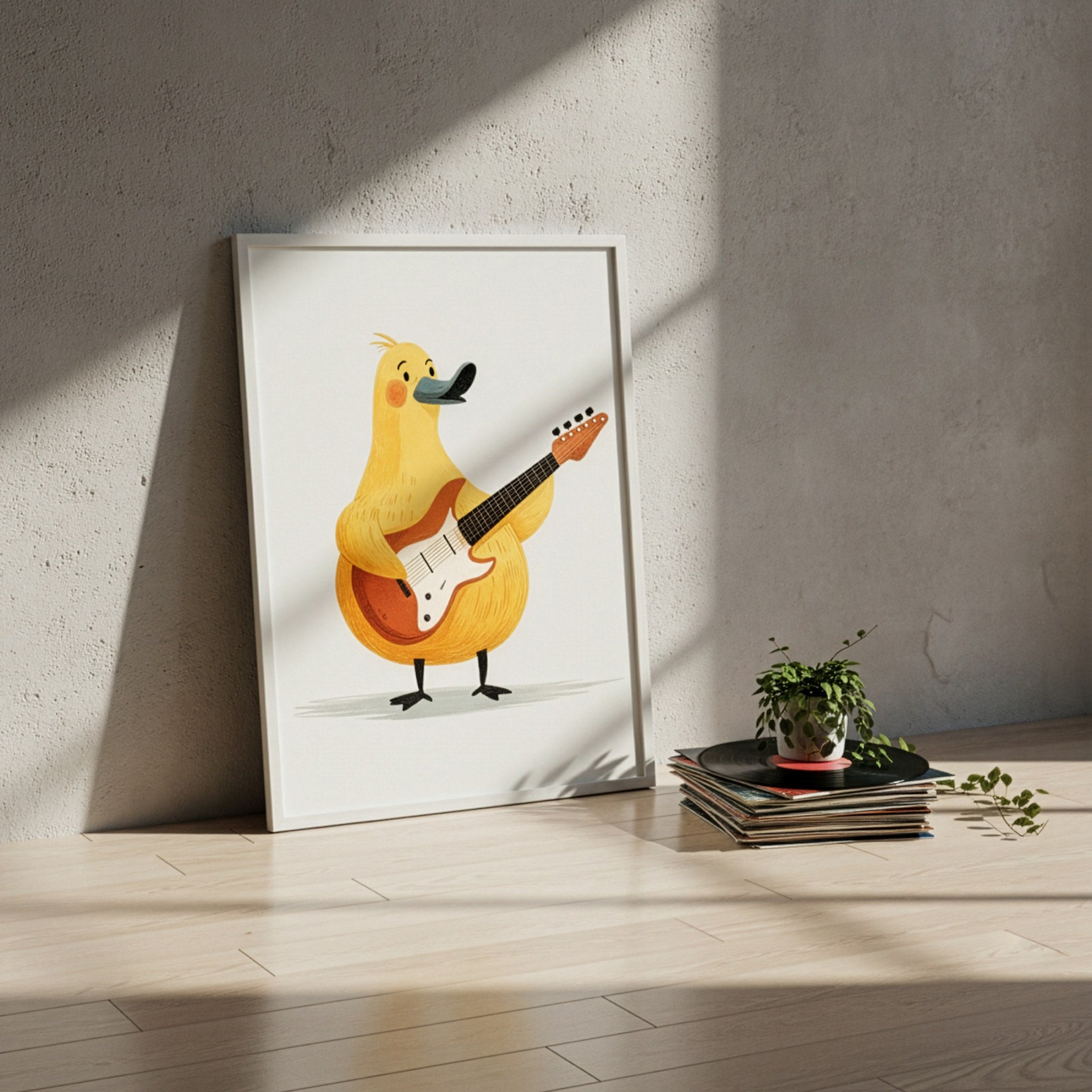 Gitar çalan ördek posteri, beton duvara yaslanmış beyaz çerçeveli