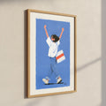 Woman Joyfully Walking Blue Background Illustration Poster