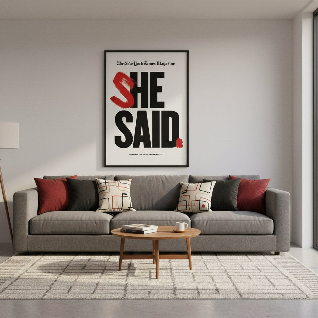 Kırmızı fırça vuruşlu She Said posteri, salon duvarında gri kanepenin üzerinde siyah çerçeveli