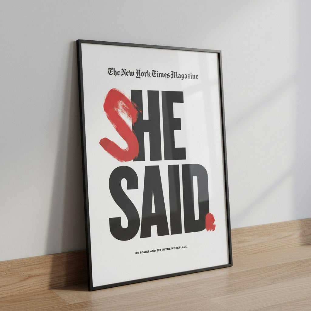 She Said posteri, ahşap zeminde duvara yaslanmış siyah çerçeveli yandan görünüm