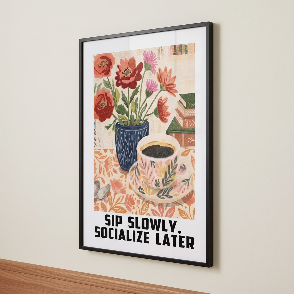 Bohem kahve posteri, ahşap zeminde duvara yaslanmış siyah çerçeveli
