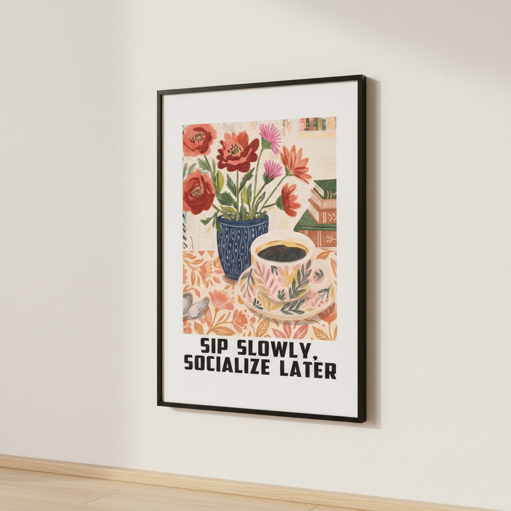 Kahve ve gelincik temalı Sip Slowly Socialize Later posteri, krem duvarda siyah çerçeveli