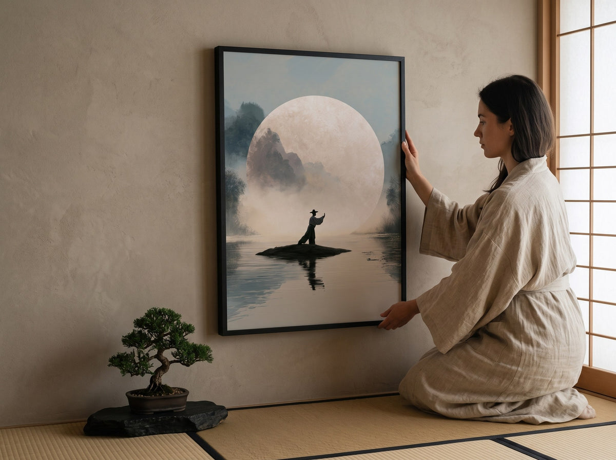 Tatamide diz çökerek tai chi posterini asan kadın, siyah çerçeveli poster ölçü karşılaştırması