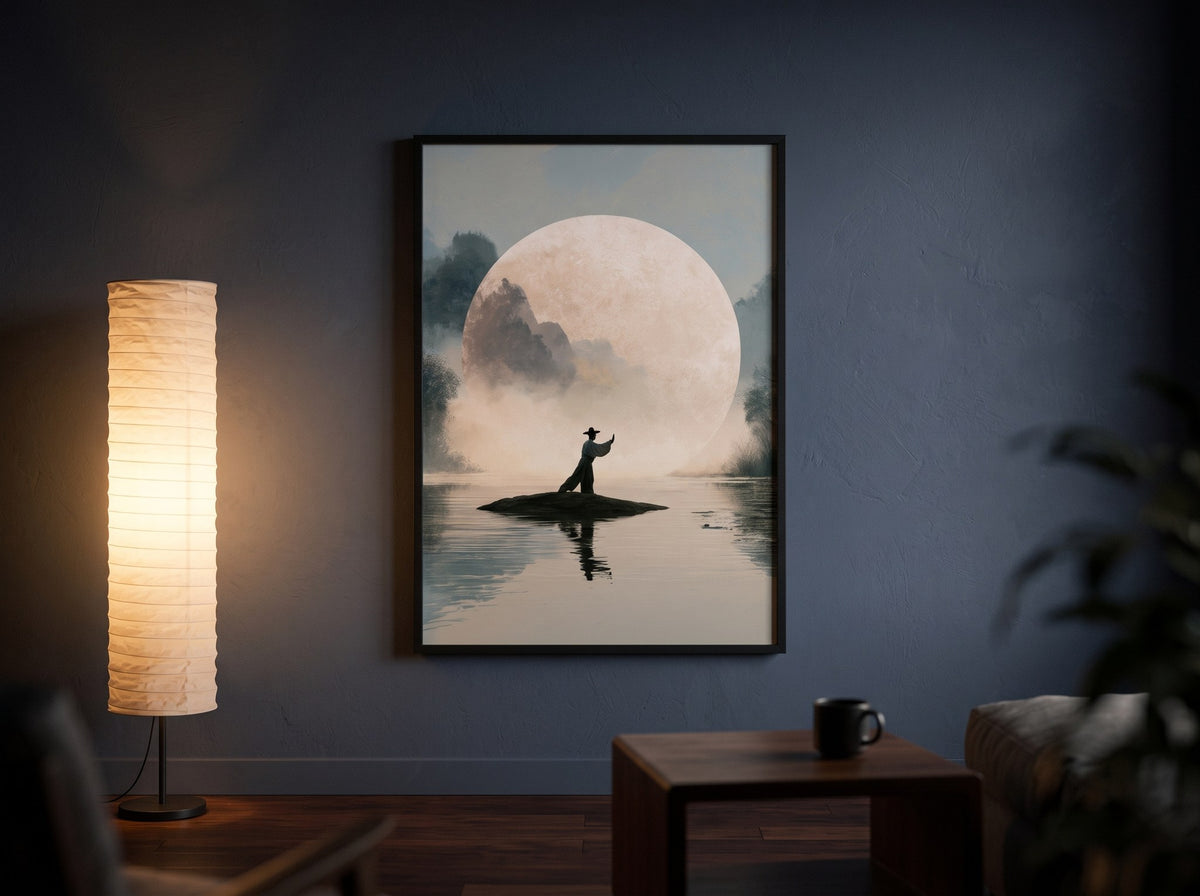 Zen tai chi posteri, akşam kağıt abajurlu lambanın ışığında lacivert duvarda siyah çerçeveli