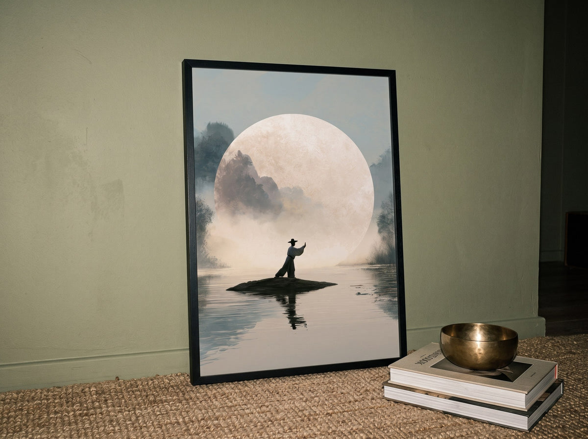 Uzak Doğu esintili dolunay posteri, jüt halıda duvara yaslanmış siyah çerçeveli, meditasyon kasesiyle