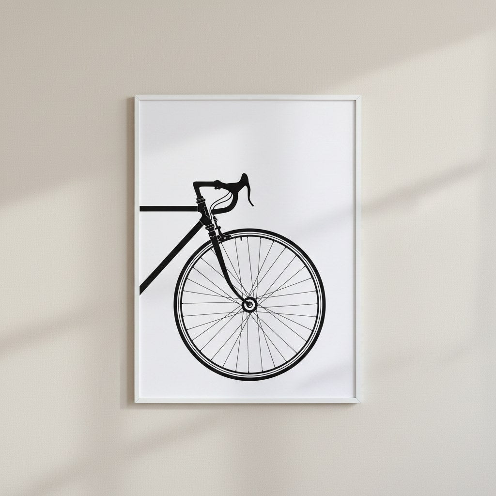 Siyah beyaz minimalist bisiklet posteri, güneş ışığı alan açık duvarda beyaz çerçeveli