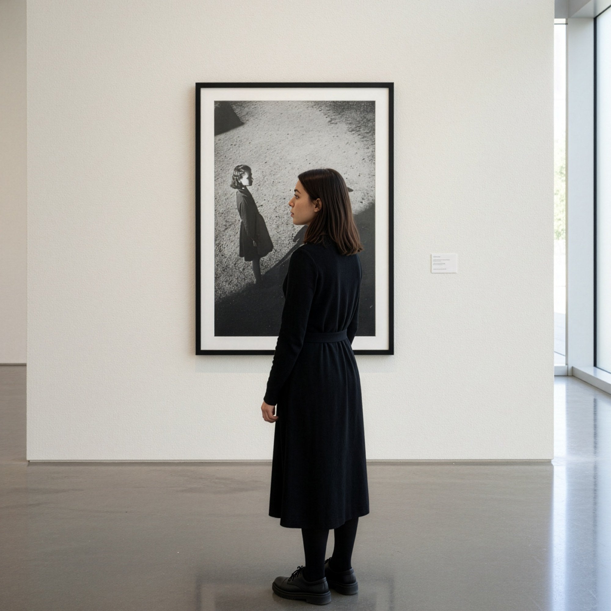 Siyah beyaz kuş gölgesi fotoğraf posteri, galeri duvarında siyah çerçeveli, önünde izleyen kadın
