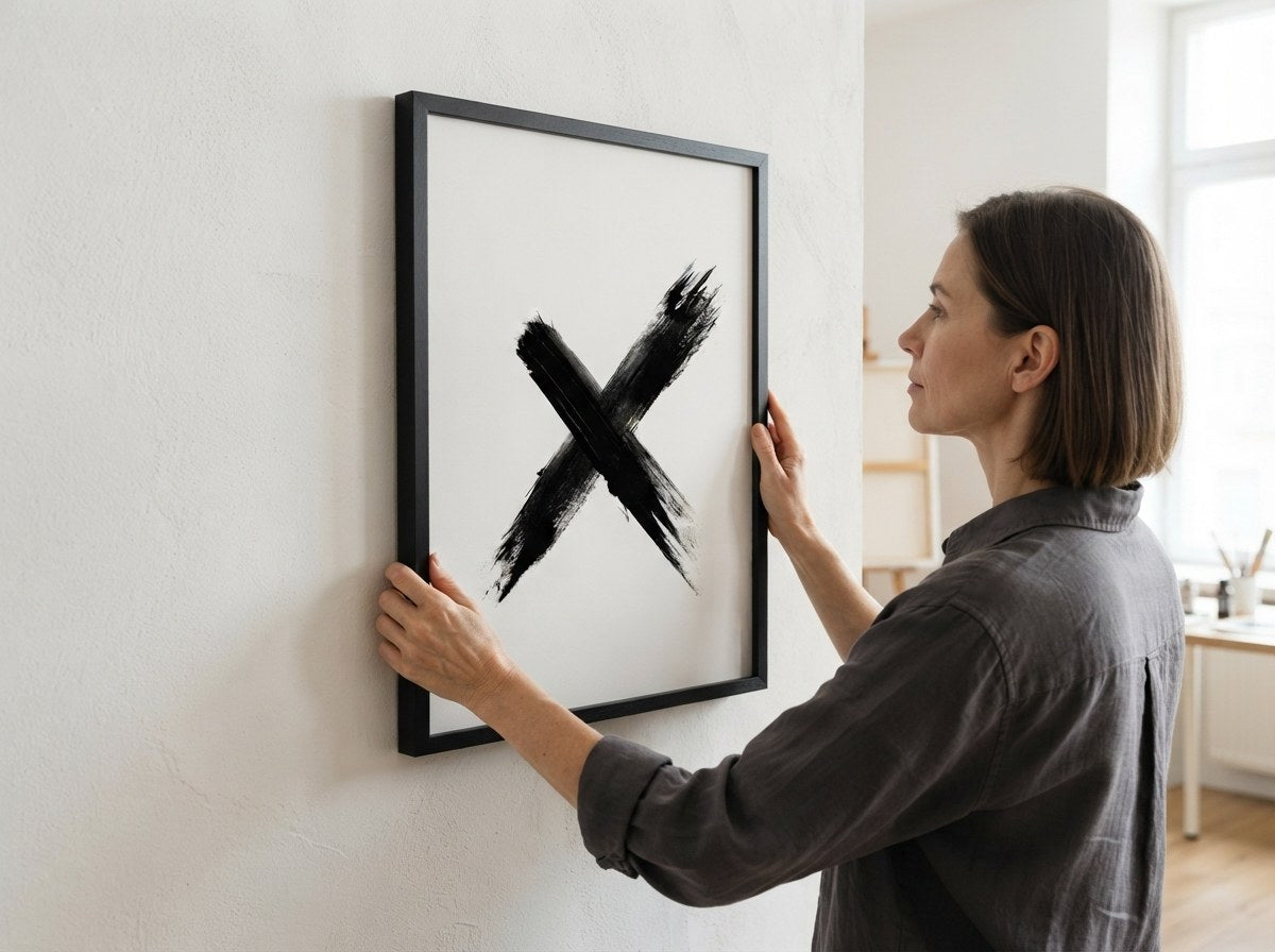 Siyah fırça X posteri duvara asılırken ölçü karşılaştırması