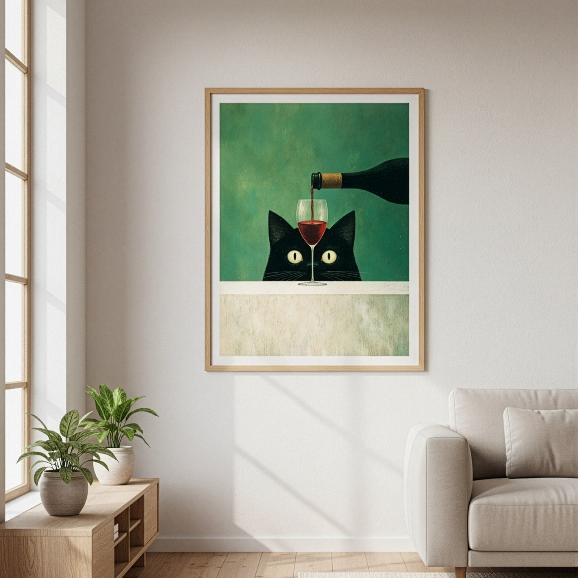 Şarap temalı siyah kedi posteri, kanepe üzerinde doğal ahşap çerçeveyle beyaz duvarda