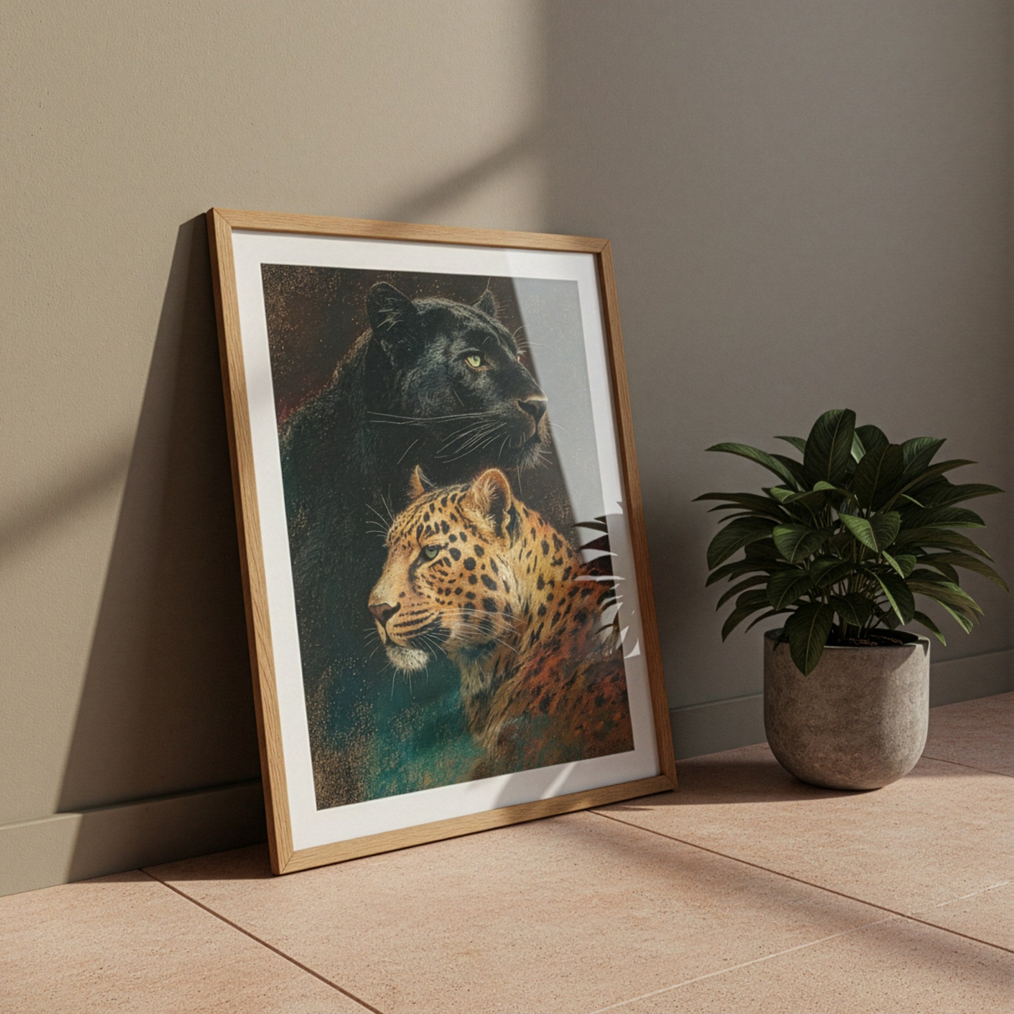 Siyah panter ve leopar posteri, doğal ahşap çerçevede yere yaslanmış, yanında yeşil bitki