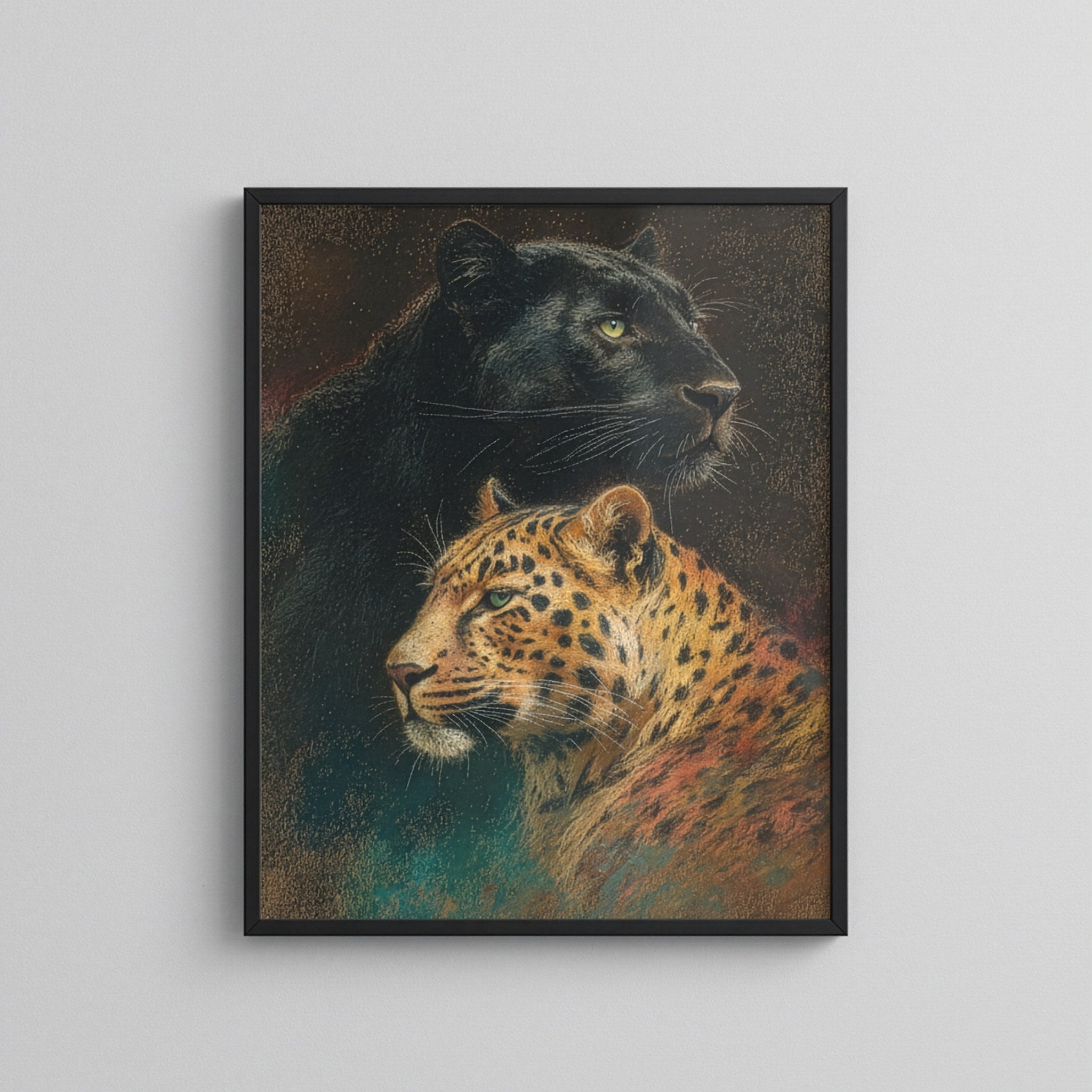 Siyah panter ve leopar portre posteri, açık renk duvarda siyah çerçeveli