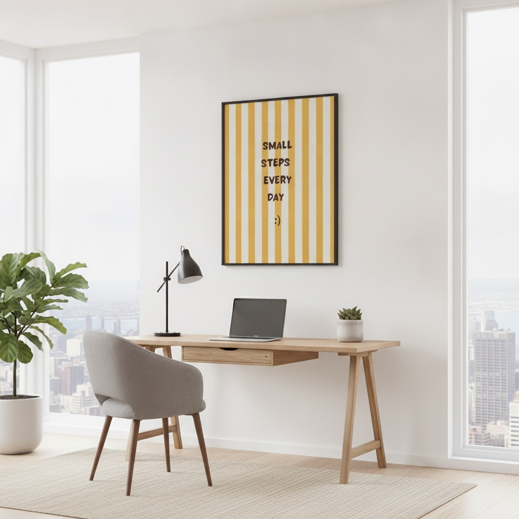 Small Steps Every Day posteri, ev ofisinde çalışma masasının üzerinde siyah çerçeveli