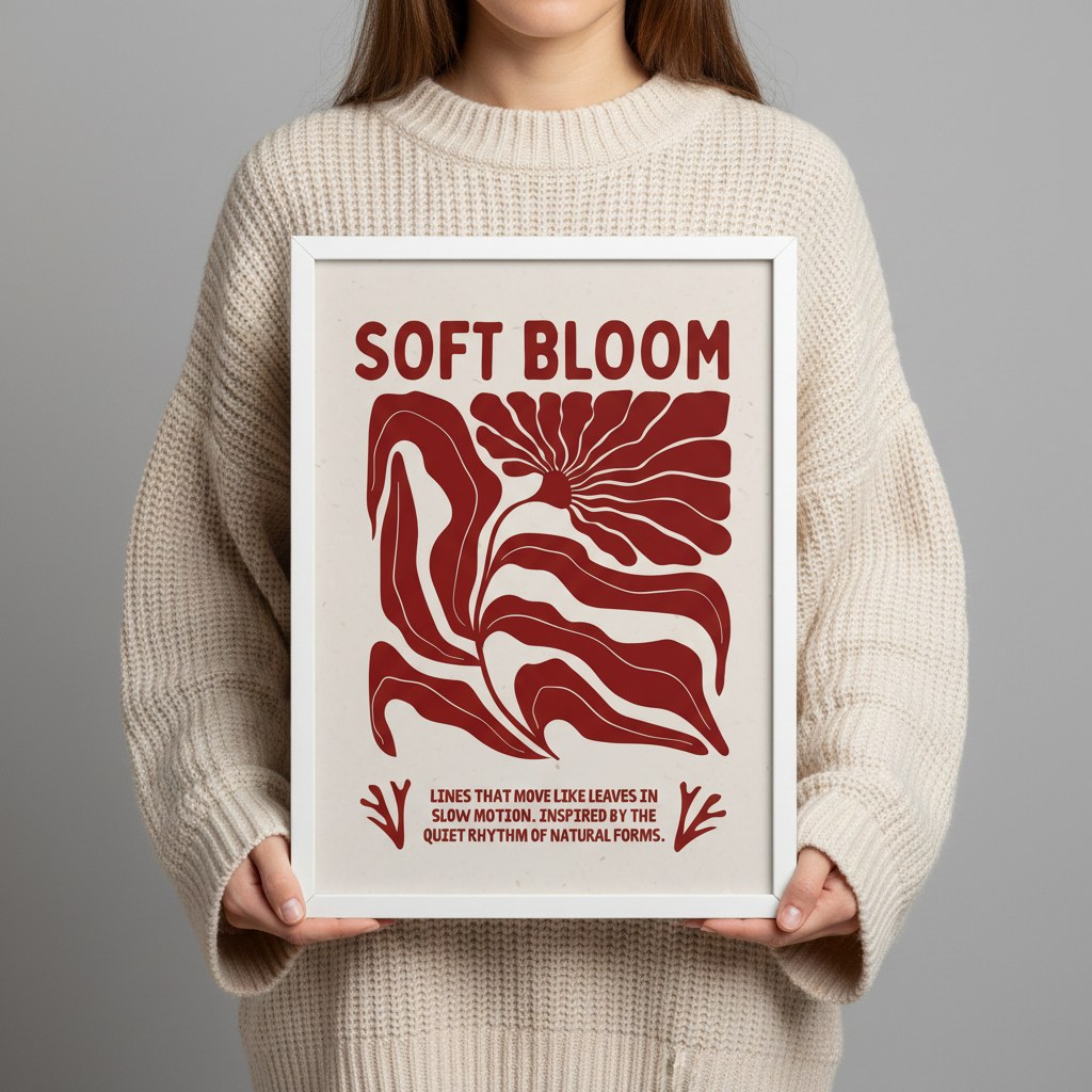 Soft Bloom posteri beyaz çerçeveli olarak elde tutuluyor, boyut ölçeğini gösteren kare