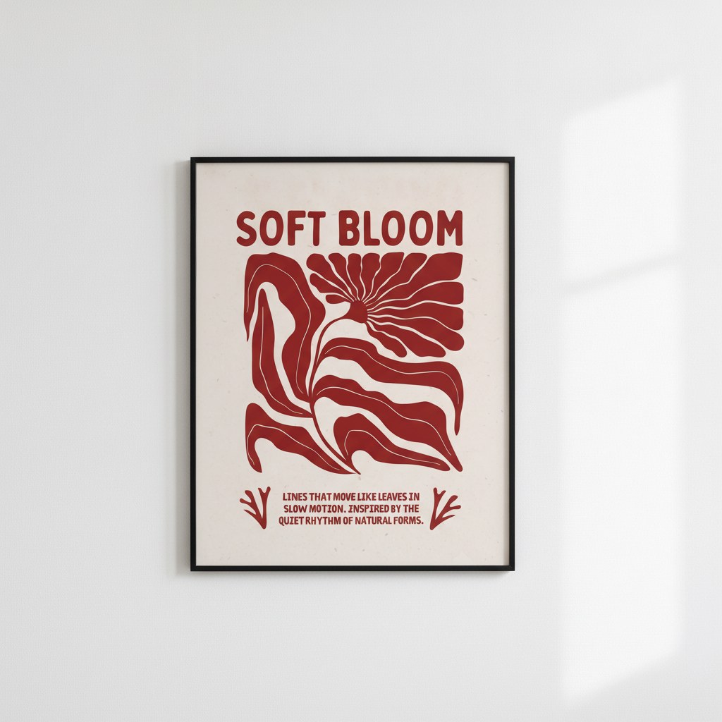 Bordo soyut çiçek formlu Soft Bloom posteri, beyaz duvarda siyah çerçeveli