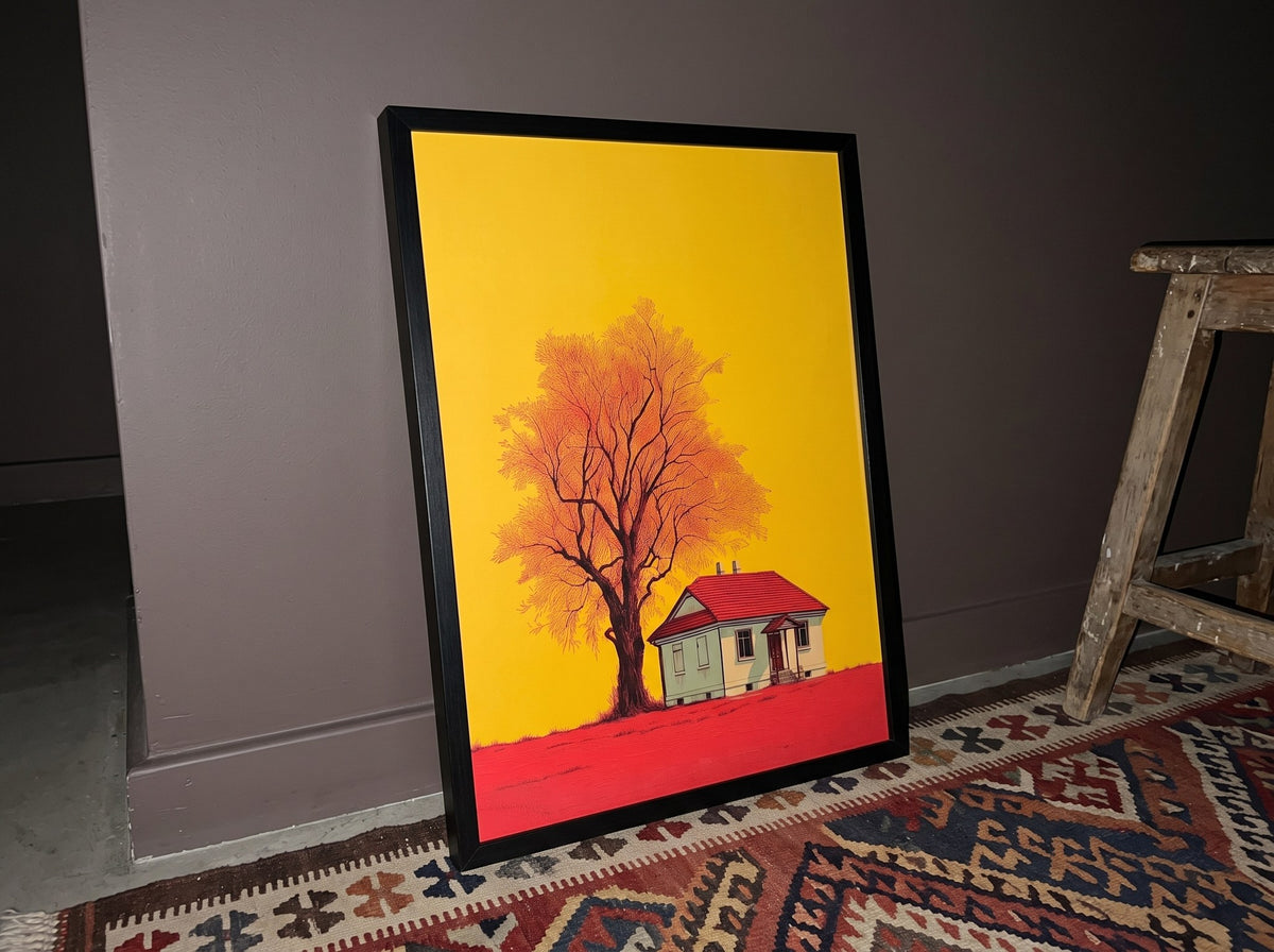 Retro manzara posteri, desenli kilim üzerinde koyu duvara yaslanmış, eski ahşap tabureyle birlikte