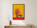 Herbstbaum und Haus mit rotem Dach Retro-Landschaftsposter