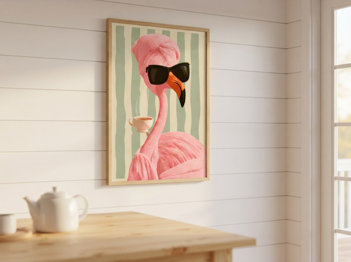 Flamingo posteri, beyaz ahşap lambri duvarda çay takımının üzerinde çerçeveli