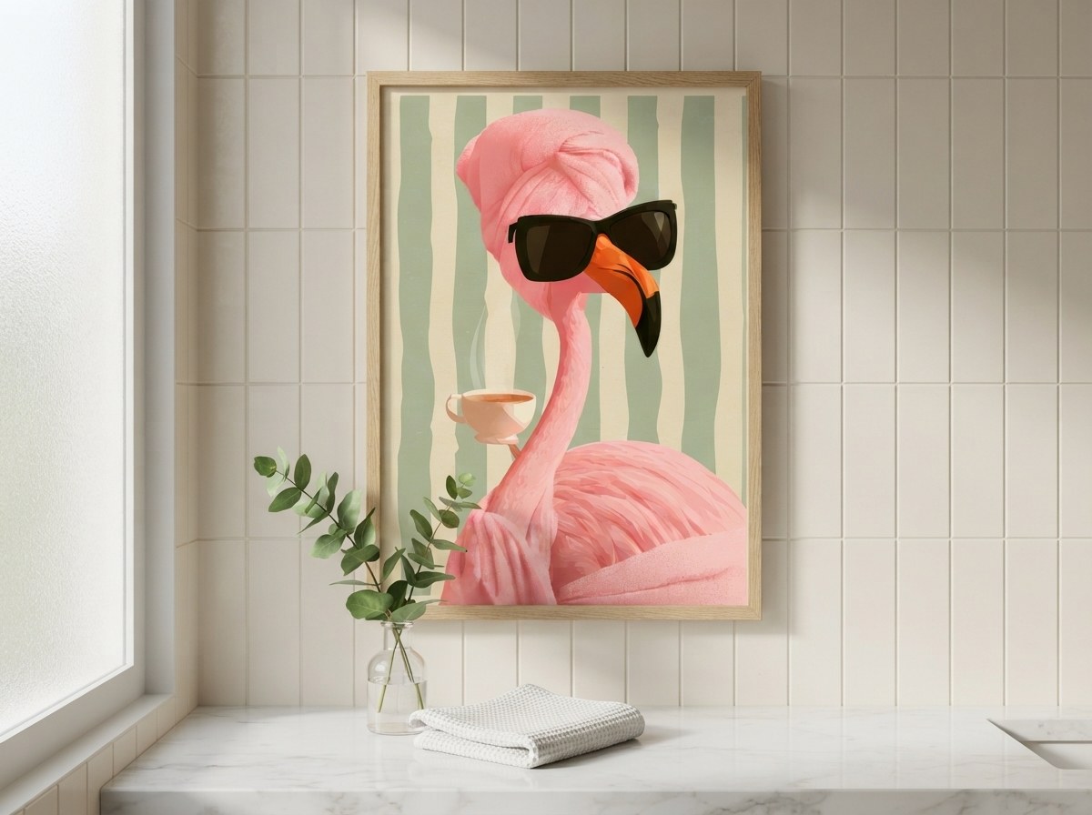 Havlu türbanlı gözlüklü flamingo posteri, beyaz fayans banyo duvarında ahşap çerçeveli