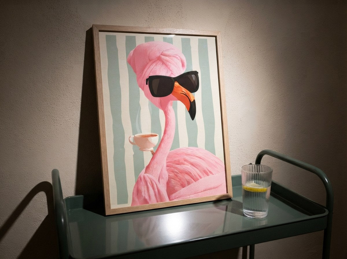 Spa flamingo posteri, koyu zeminde servis arabasının üzerinde ahşap çerçeveli