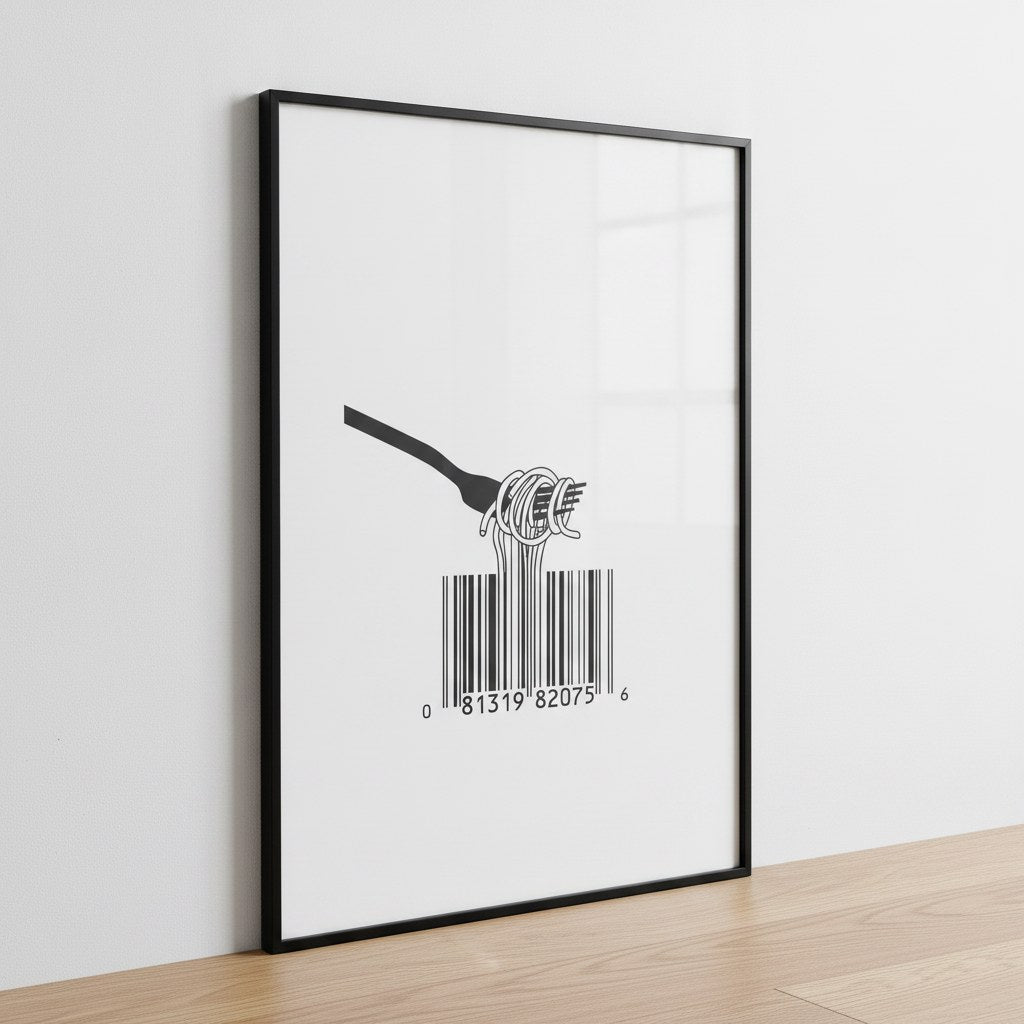 Spagetti ve barkod minimalist posteri, ahşap zeminde beyaz duvara yaslanmış siyah çerçeveli