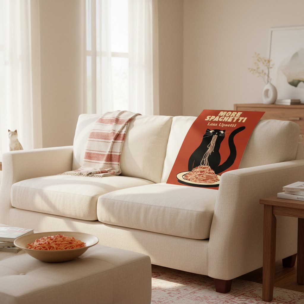 Spagetti yiyen kedi posteri, krem kanepenin üzerinde yakın plan
