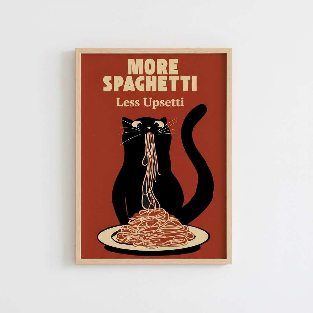 Spagetti yiyen siyah kedi posteri, beyaz duvarda açık ahşap çerçeveli
