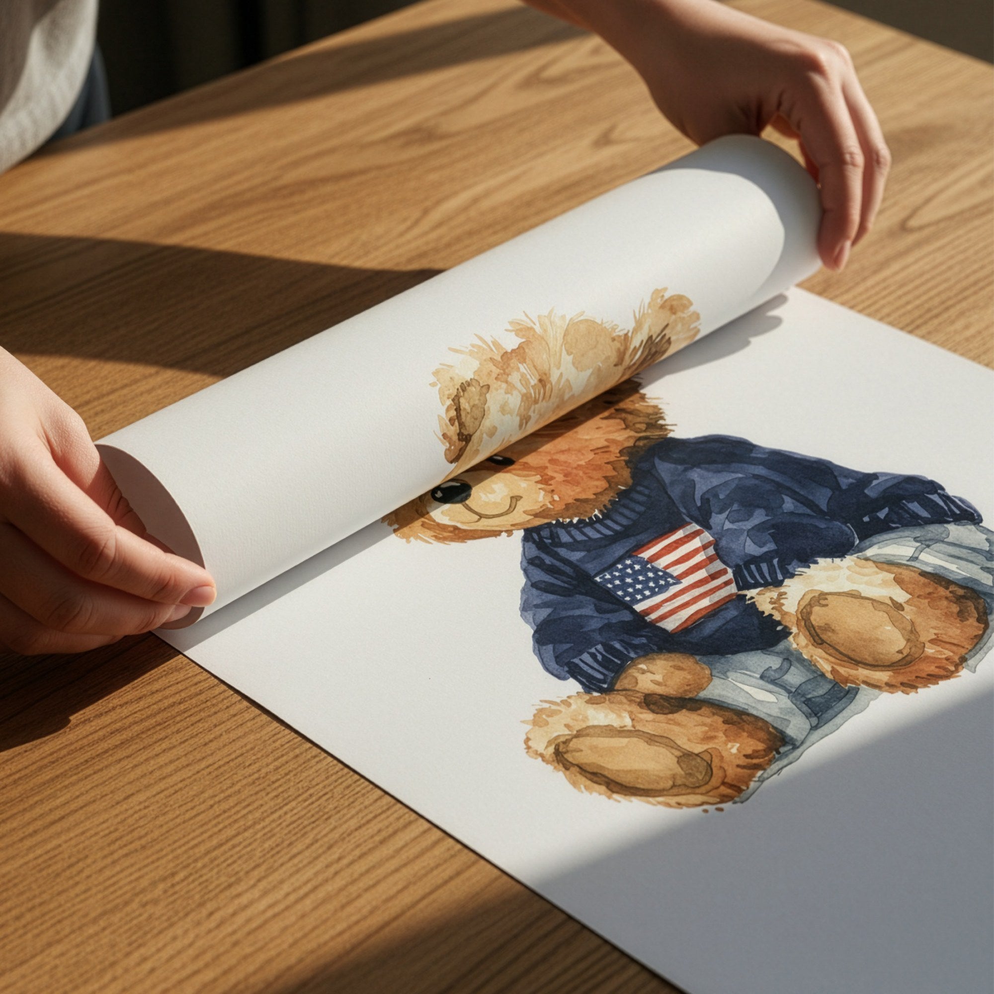 Suluboya ayı posteri duvara asılırken, çerçeve ölçüsünü gösteren oda görünümü