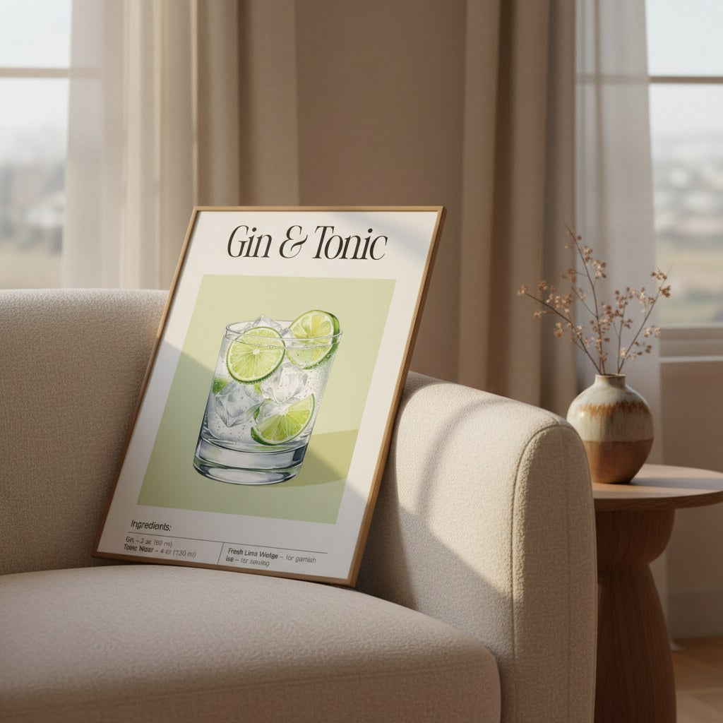 Suluboya gin tonic posteri, bej koltuğa yaslanmış ahşap çerçeveli duvar sanatı