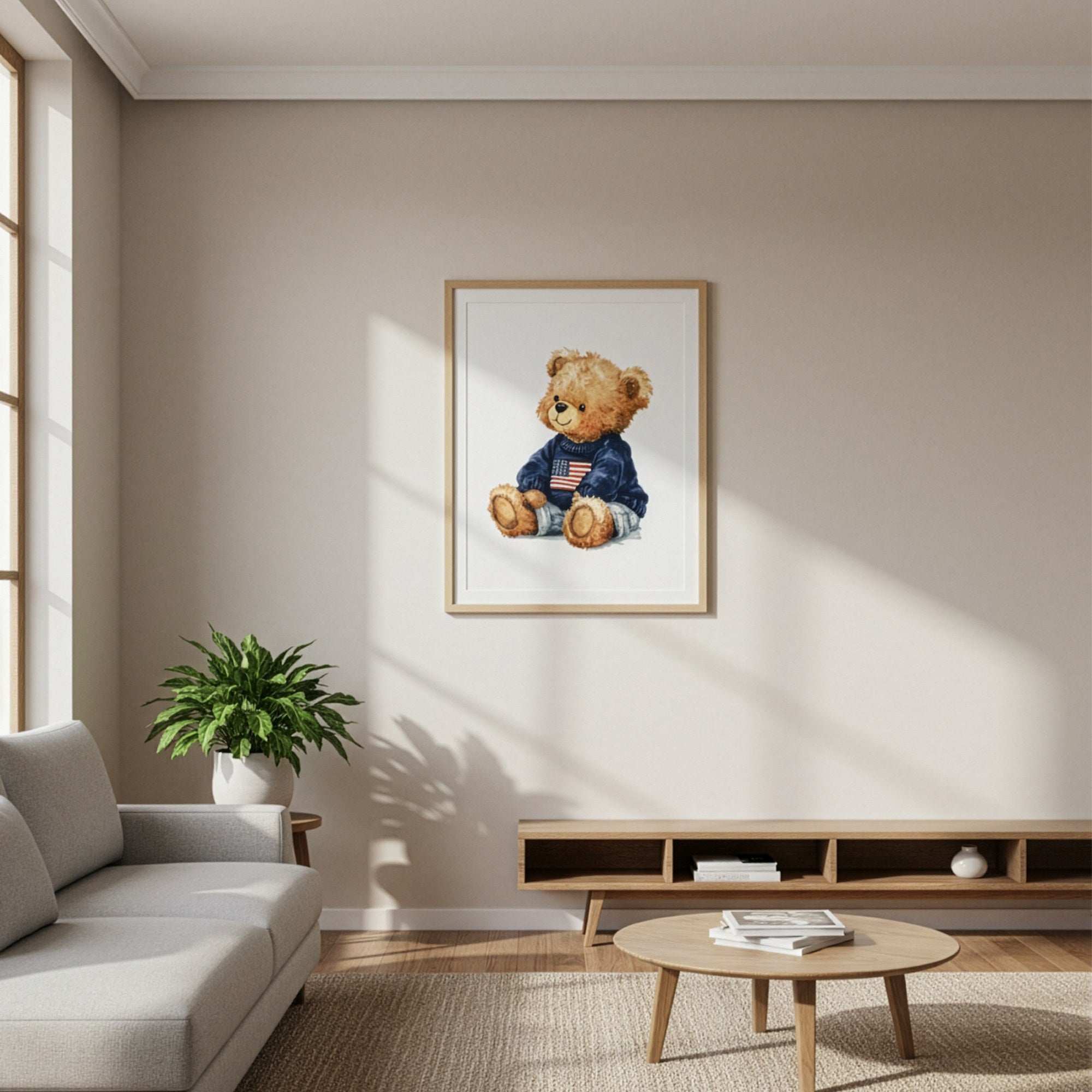Suluboya oyuncak ayı posteri, kuru çiçeklerin yanında duvara yaslanmış ahşap çerçeveli