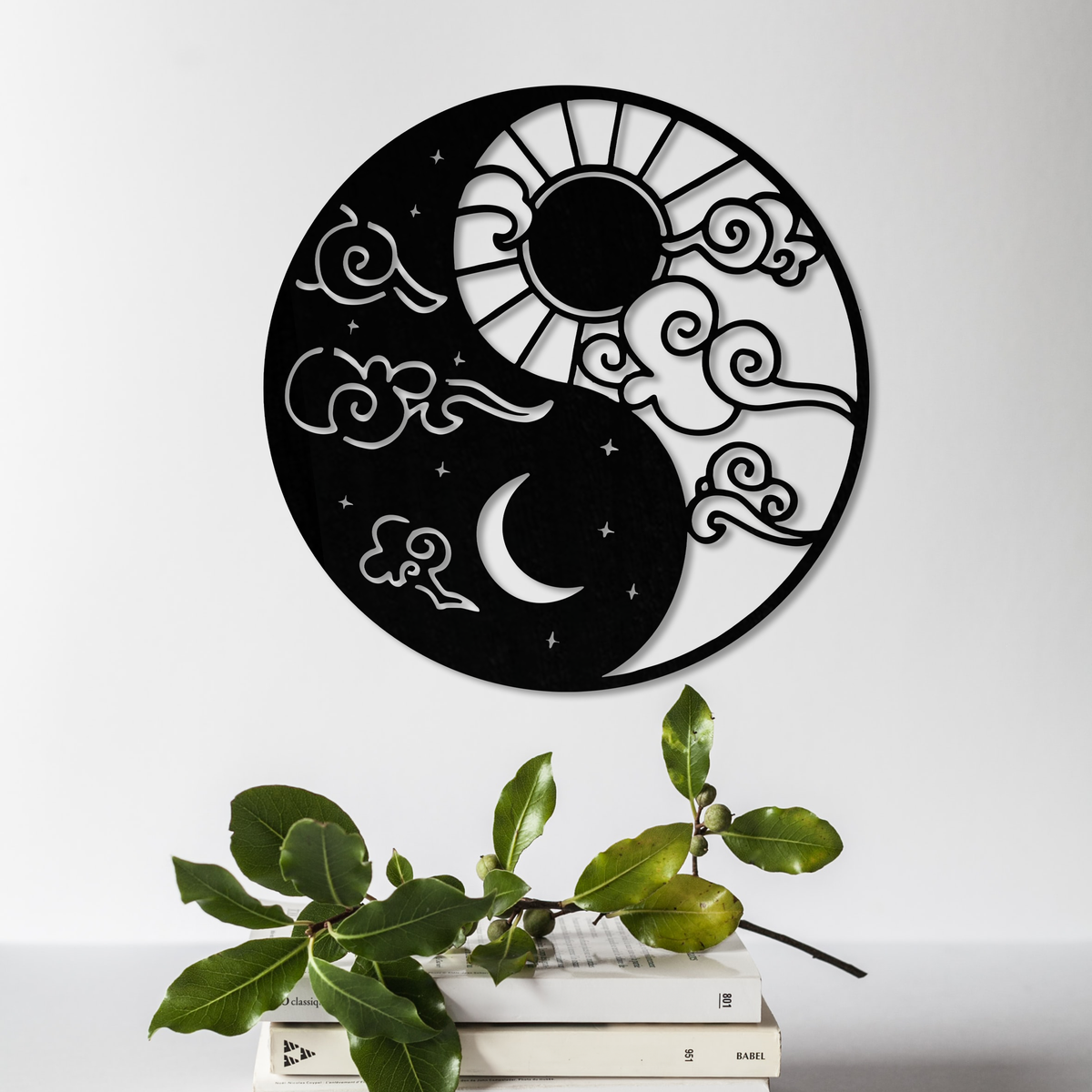 Güneş ve ay temalı Yin Yang duvar dekoru, yatak odası için ahşap duvar sanatı, yakın detay