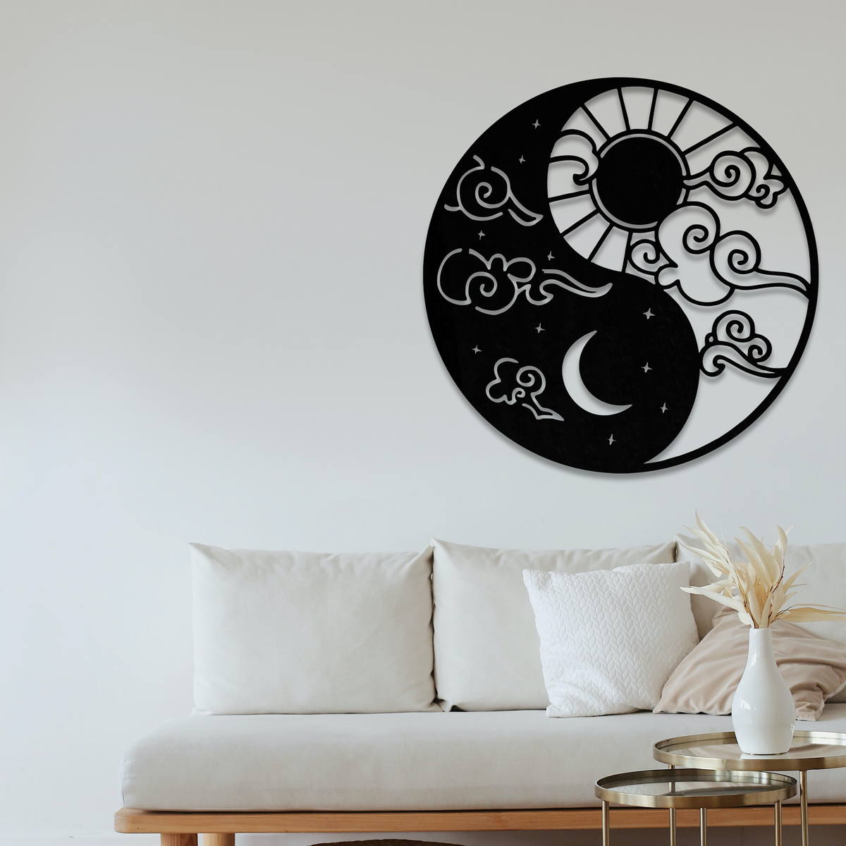 Yin Yang güneş ve ay ahşap duvar dekoru, detaylı ürün fotoğrafı