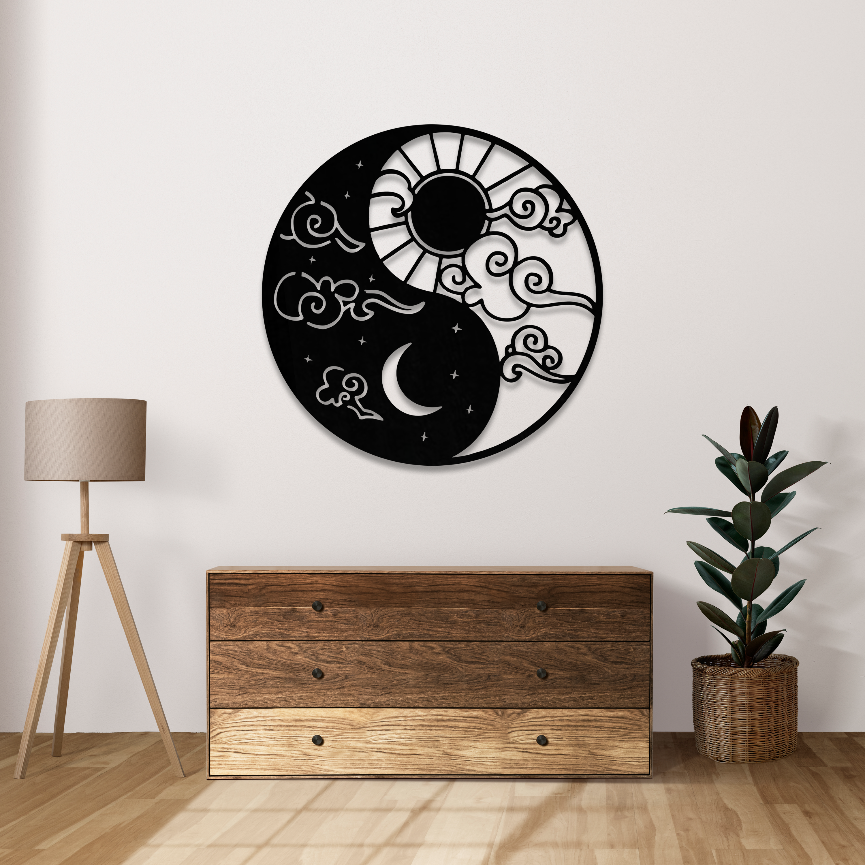 Yin Yang Güneş ve Ay Ahşap Duvar Dekoru