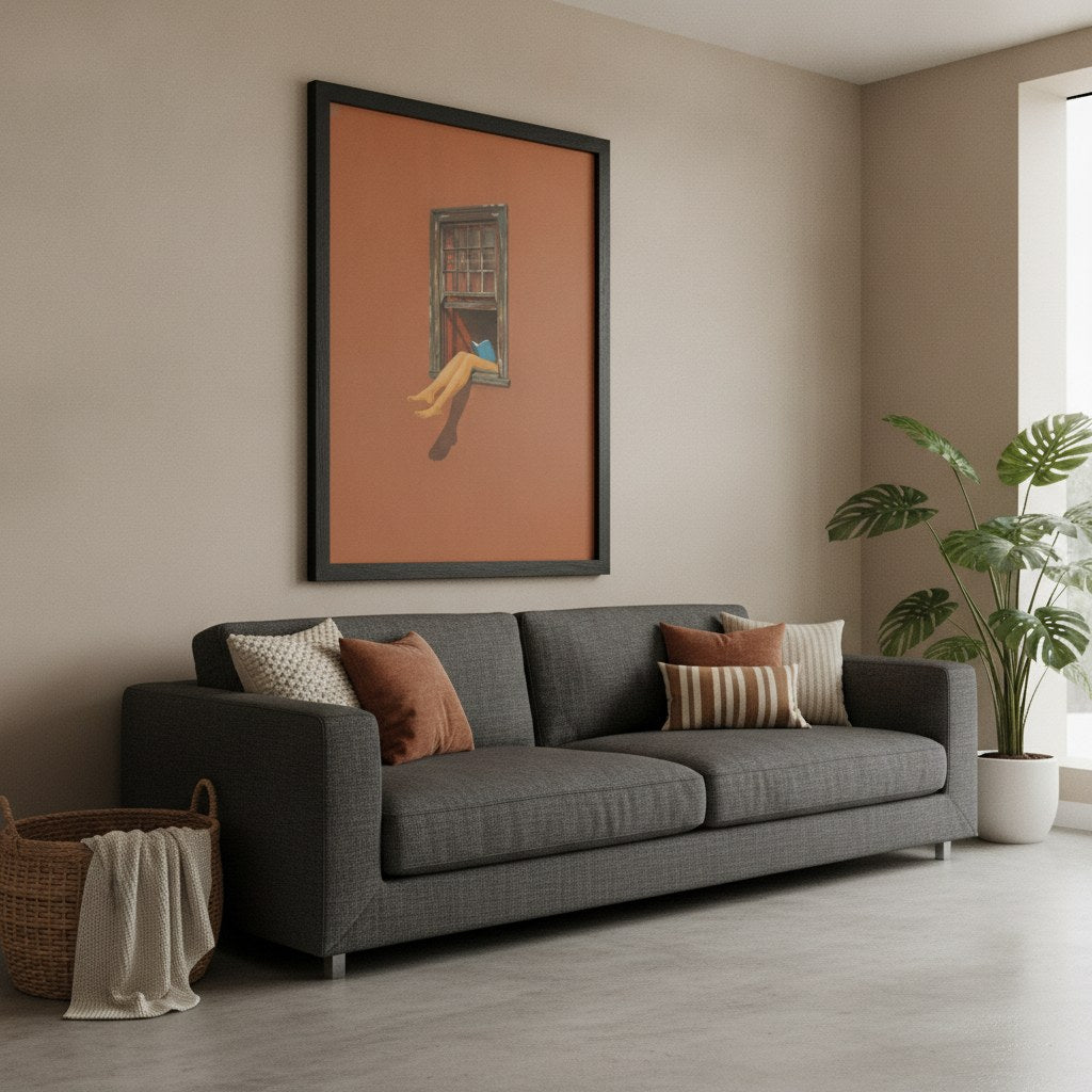 Kiremit rengi sürreal poster, salon duvarında siyah çerçeveli, gri kanepenin üzerinde