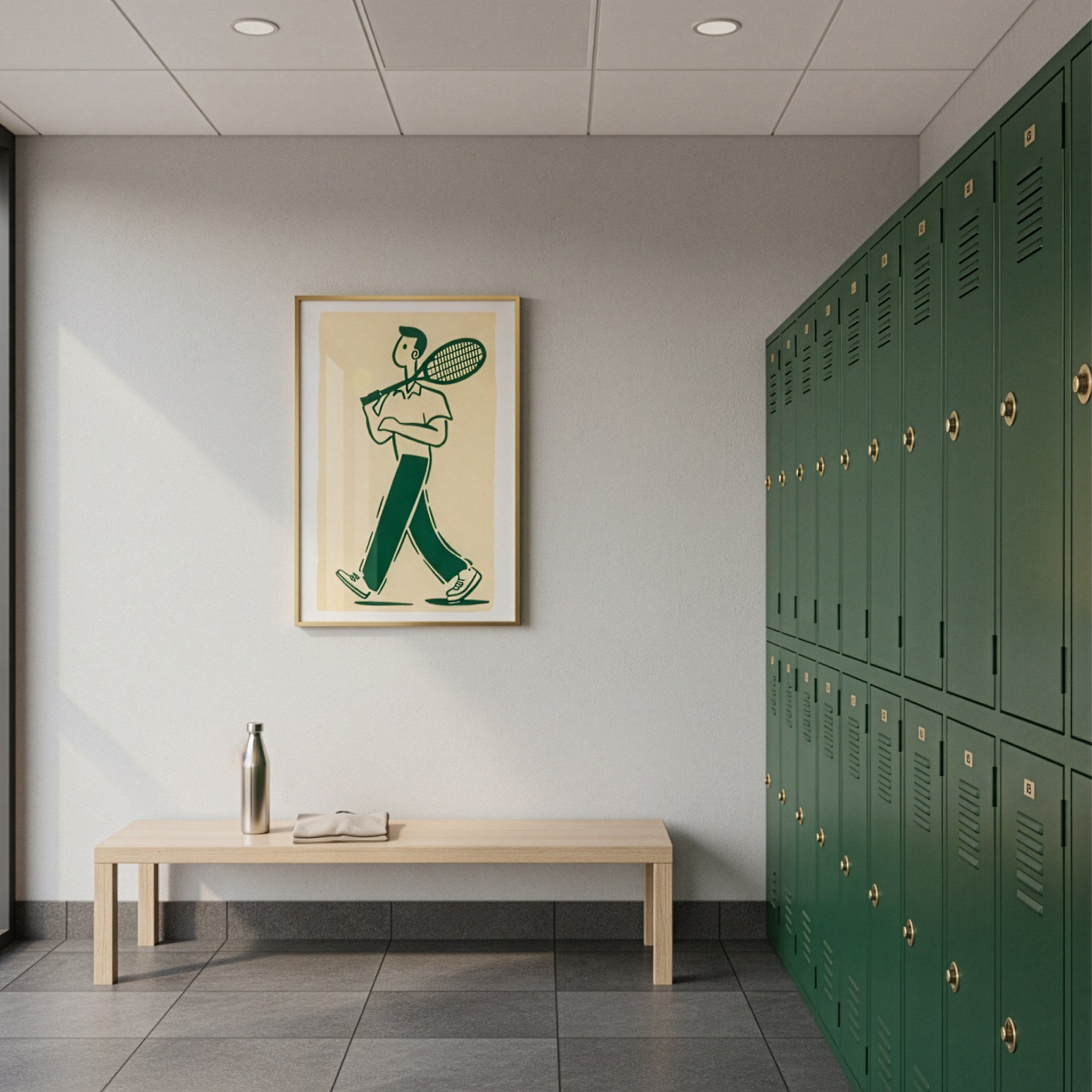 Retro tenis posteri, doğal ahşap çerçevede duvarda, yanında yeşil dolaplar ve ahşap bank