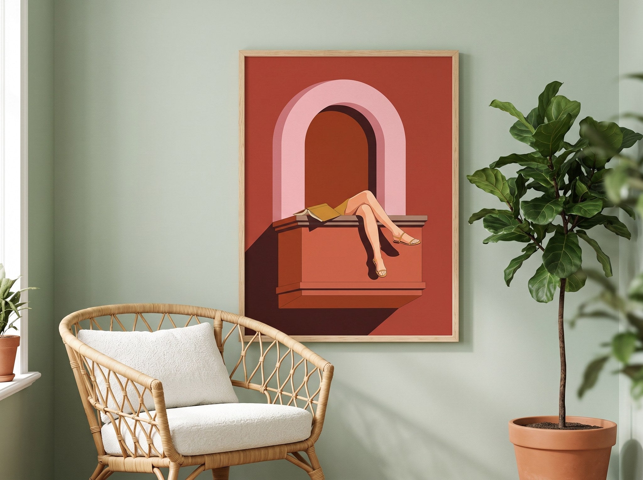 Balkon temalı terakota poster, adaçayı yeşili duvarda hasır koltuk ve bitkinin yanında