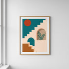 Terrakota Merdivenler ve Kızıl Güneş Mid-Century Posteri