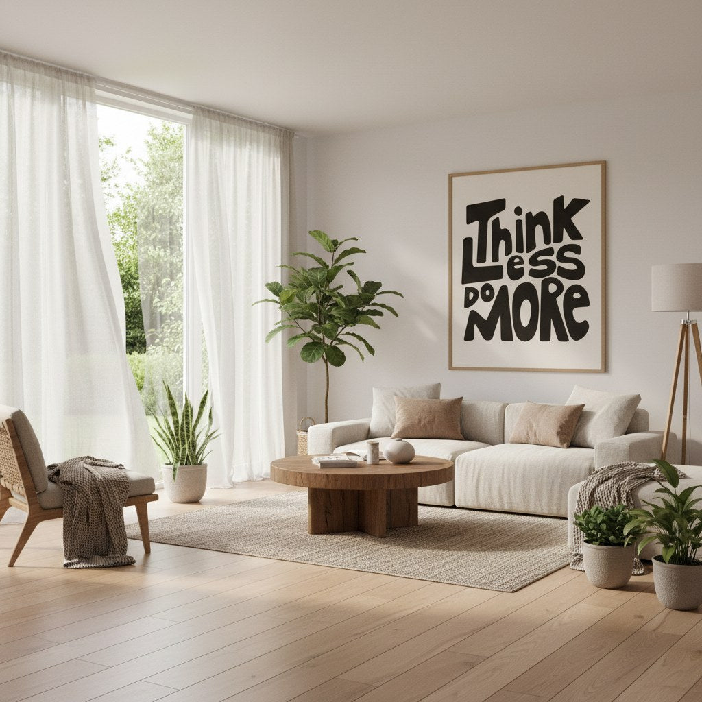 Think Less Do More motivasyon posteri, aydınlık oturma odası duvarında ahşap çerçeveli