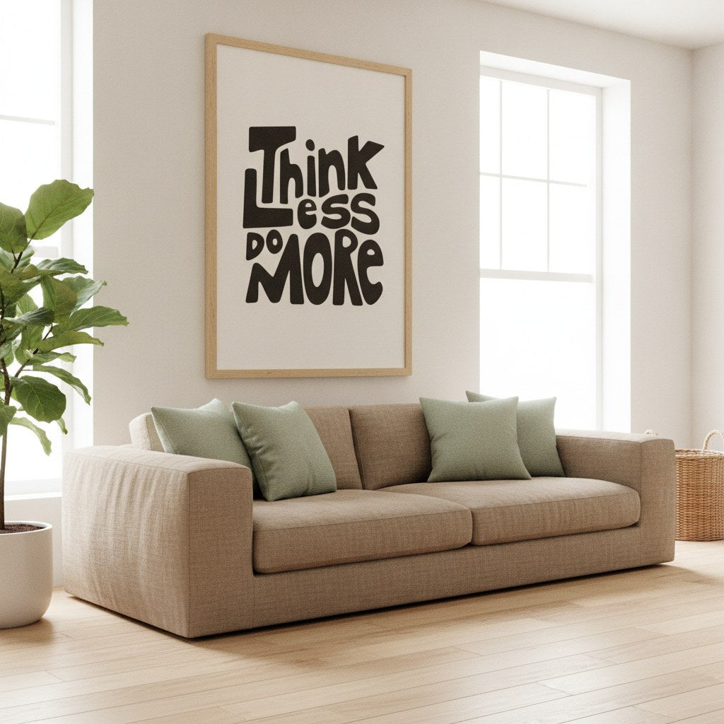 Retro yazılı Think Less Do More posteri, kanepenin üzerinde açık ahşap çerçeveli