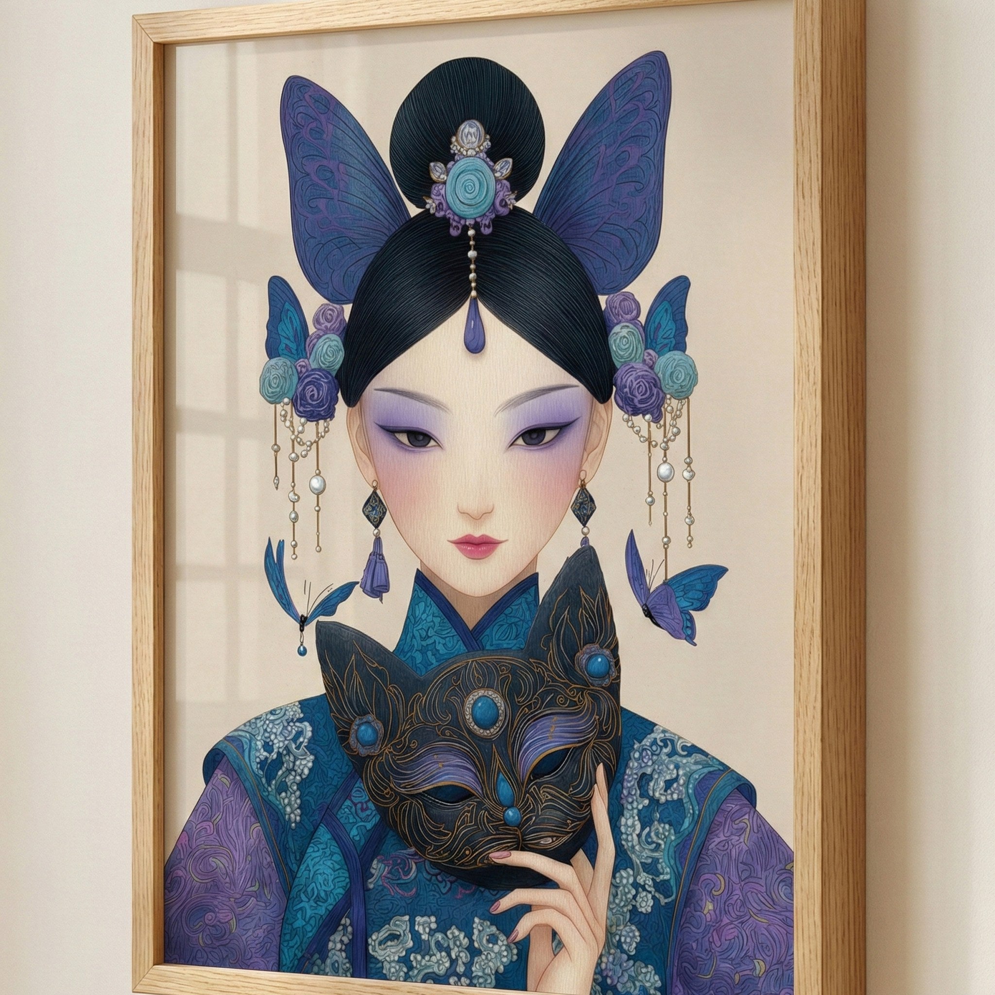 Japon prensesi posterinin kelebek ve kimono detayı, ahşap çerçevede yakın çekim