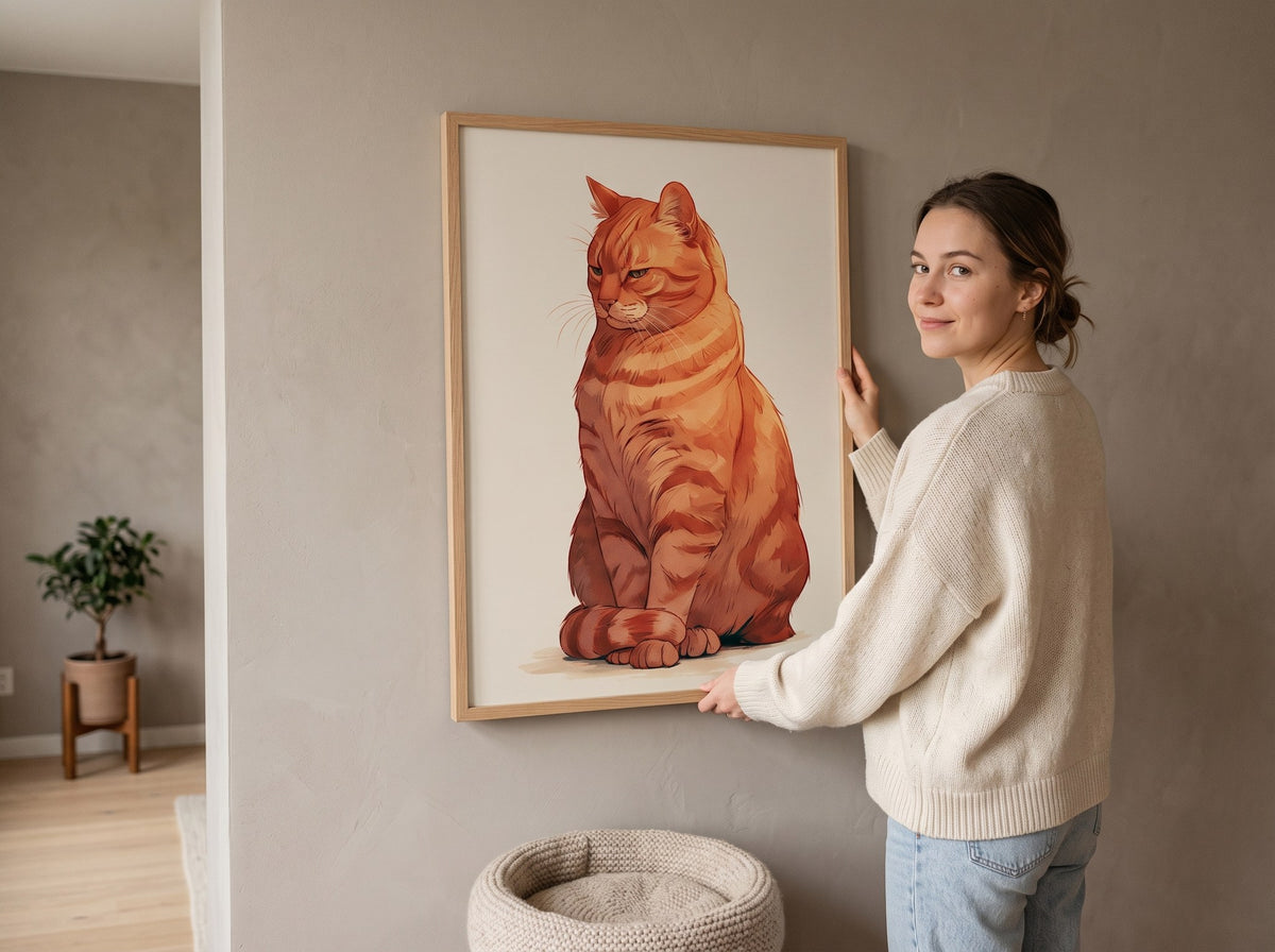 Kedi yatağının üstündeki duvara sarman kedi posterini asan gülümseyen kadın, posterin boyut karşılaştırması