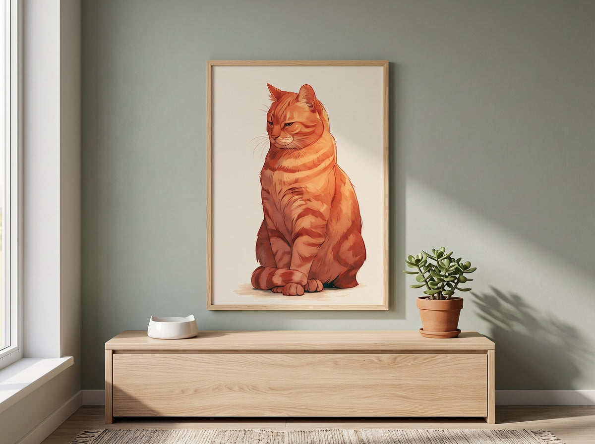 Tombul sarman kedi posteri, adaçayı yeşili duvarda açık ahşap konsolun üzerinde doğal ahşap çerçeveli, mama kabıyla