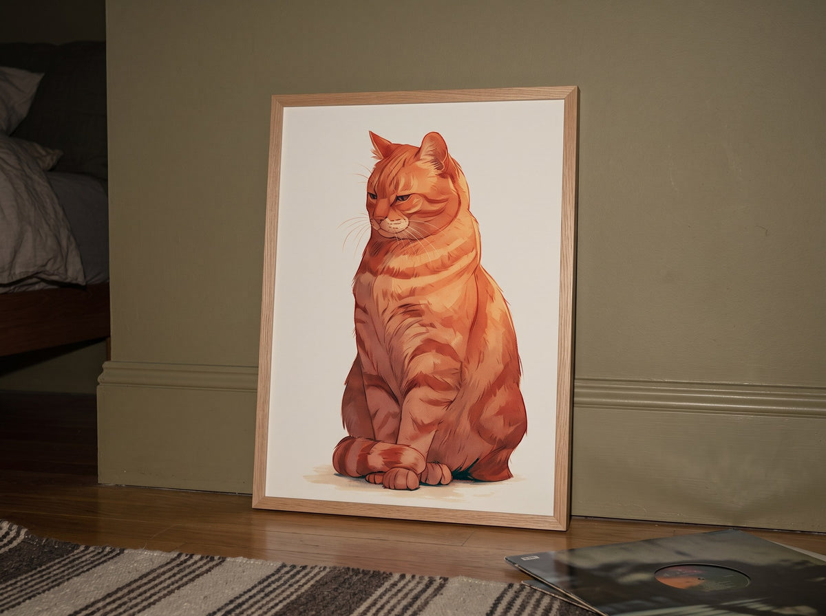Vintage sarman kedi posteri, yatak odasında çizgili kilimin üzerinde duvara yaslanmış ahşap çerçeveli