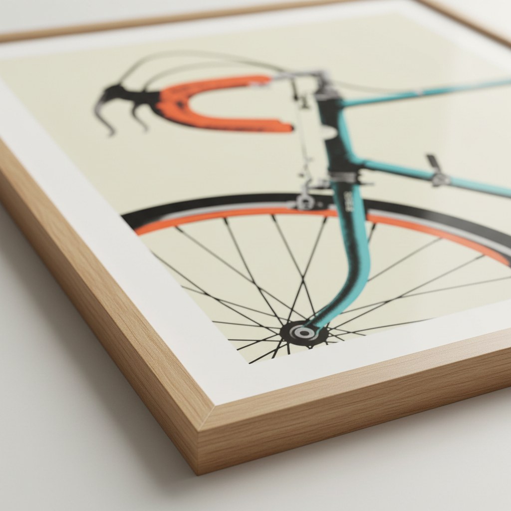 Turkuaz bisiklet gidon posterinin yakın çekimi, mat kağıt dokusu ve ahşap çerçeve